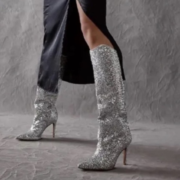 Free People Vicenza After Midnight Silver Sequin Leather Knee High Heel Boots 7 - Picture 2 of 13